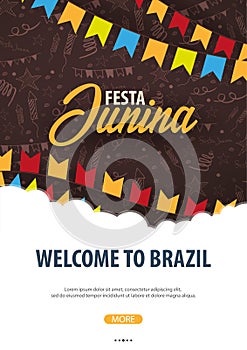 Festa Junina background with hand draw doodle elements and party flags. Brazil or Latin American holiday. Vector illustration.