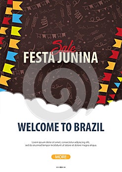 Festa Junina background with hand draw doodle elements and party flags. Brazil or Latin American holiday. Vector illustration.