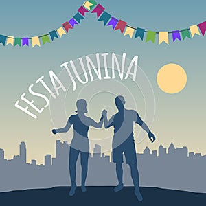 Festa Junina banner for brazilian carnival, festival, party. Silhouette of men and women dancing outdoors on a background of city