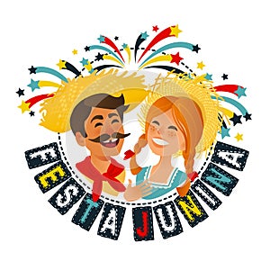 Festa Junina Brazil June Festival banner. Folklore Holiday. Characters. Vector Illustration.