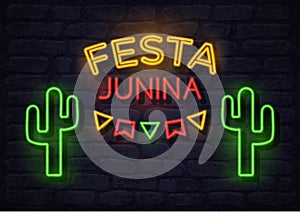 Festa Junina Brazil june festival neon holiday banner, glow greeting card. Fertility festival in Latin America. Vector
