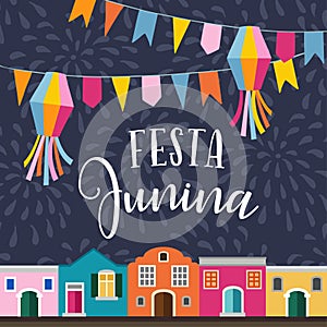 Festa junina, Brazilian june party. Latin American holiday. Vector illustration background with garland of flags