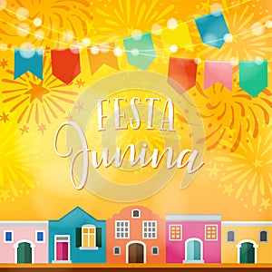 Festa junina, Brazilian june party. Latin American holiday. Vector illustration background with garland of flags