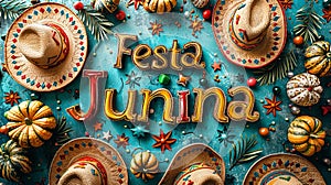 Festa Junina Celebration Concept with Decorative Hats and Pumpkins photo