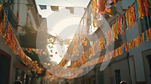 Festa junina colorful decorations. south american party. Festas Juninas theme, with little flags and sunny day