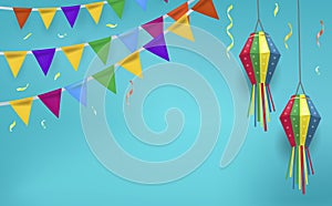 Festa Junina holiday invitation poster. Brazilian Latin American festival template for your design festive bunting flags