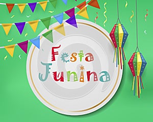 Festa Junina holiday invitation poster. Brazilian Latin American festival template for your design festive bunting flags