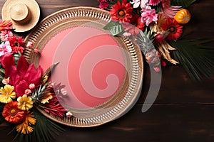 Festa Junina mockup with pink dish, straw hat, palm leaves, and blooming flowers on black background