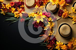 Festa Junina mockup with straw hats and flowers on black background, flat lay design