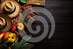 Festa Junina mockup with straw hats and flowers on black background, flat lay design