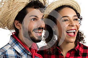 Festa Junina: party in Brazil. Brazilian couple wearing plaid sh photo