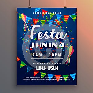 festa junina party flyer poster with confetti and garlands decor