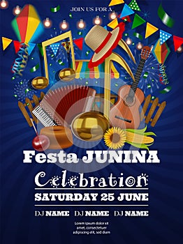festa junina party poster with gold music notes, instruments, sunflowers, corn cobs and wicker hat photo