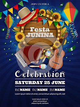 festa junina party poster with wooden signboard, sunflowers, corn cobs and wicker hat