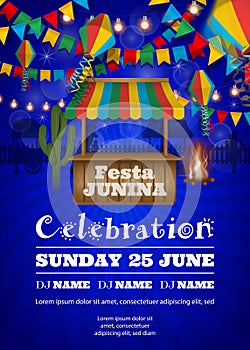 Festa Junina poster with colorful lanterns and pennants. Brazilian june festival background with wooden stall