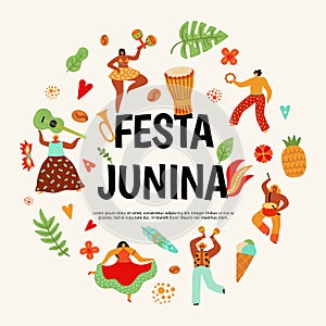 Festa Junina poster. Latin dancing party, traditional brazil carnaval in June. Dance people, musical instruments guitar