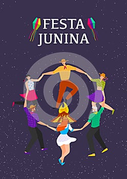 Festa junina poster template with people dancing in night. Brazilians celebrate annual Junina Festival of Brazil Vector photo