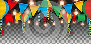 Festa junina seamless banner with pennants, balloons and lightbulbs. Brazilian june festival banner