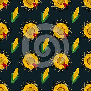 Festa Junina Straw Hats and Corn Seamless Pattern