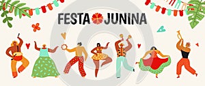 Festa Junina. Tradition brazil party. Dancing carnaval, latin june celebration poster. Summer holiday woman man with photo