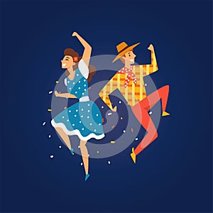 Festa Junina, Traditional Brazil June Festival, Happy Young Man and Woman Dancing at Night Folklore Party Vector