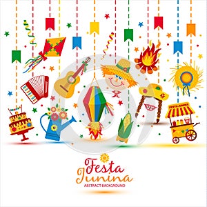 Festa Junina village festival in Latin America. Icons set in bright color. photo