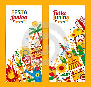 Festa Junina village festival in Latin America. Icons set in bright color.