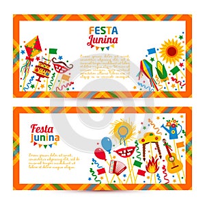 Festa Junina village festival in Latin America. Icons set in bright color.