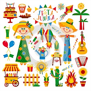 Festa Junina village festival in Latin America. Icons set in bright color. Flat style decoration.