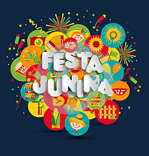 Festa Junina village festival in Latin America. Icons set illustration.