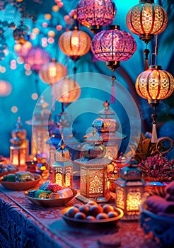 A festival bazaar with colorful lanterns, sweets, and other Eid decorations.