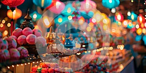 A festival bazaar with colorful lanterns, sweets, and other Eid decorations.