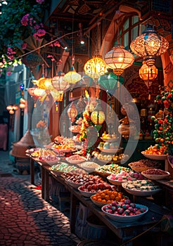 A festival bazaar with colorful lanterns, sweets, and other Eid decorations.