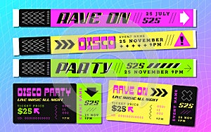 Festival bracelets and tickets for pass to event, disco or music concert