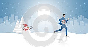 Festival celebration. Christmas and New year in winter December. Businessman running with gift box