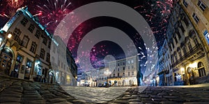 Festival celebration City background with Fireworks. Empty night plaza, old architecture.