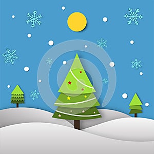 Festival celebration, merry christmas, happy new year, paper cut, winter background, snow tree, Isolated vector design
