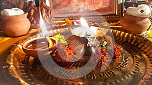 In The Festival Of Deepawali, At Night Time, Burning Clay And Brass Lamp. Sweets, God And Goddess.