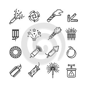 Festival dynamite, party fireworks, festive spark, holiday pyrotechnic line vector icons photo