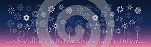 Festival fireworks.Celebrate firecracker burst white line, simple on the sky over the city on blue background.Vector illustration.