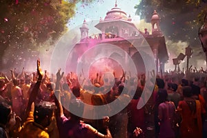 Hindu devotees throw colored powder into the crowd during Holi festival in Kolkata photo