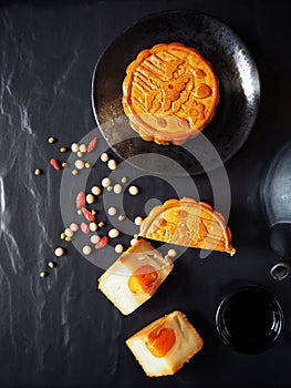 Festival moon cake with hot tea