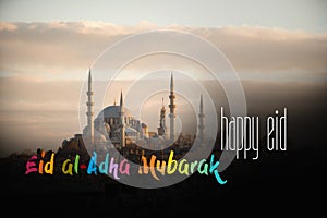 Happy Eid al-Adha. Eid Mubarak greeting, Celebration of Muslim holiday photo
