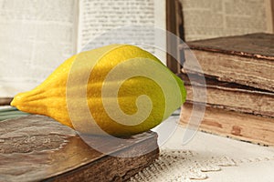 Festival of Sukkot. Book of Leviticus and etrog, symbol of Torah-commanded holiday. Closeup