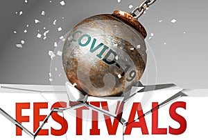 Festivals and coronavirus, symbolized by the virus destroying word Festivals to picture that covid-19  affects Festivals and leads