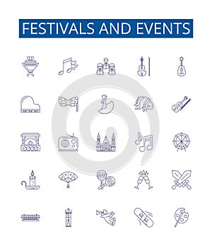 Festivals and events line icons signs set. Design collection of Parades, Galas, Concerts, Celebrations, Carnivals, Balls
