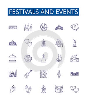 Festivals and events line icons signs set. Design collection of Parades, Galas, Concerts, Celebrations, Carnivals, Balls