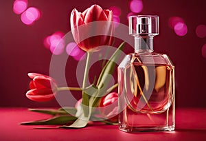 festivals events tulips perfume red background bottle