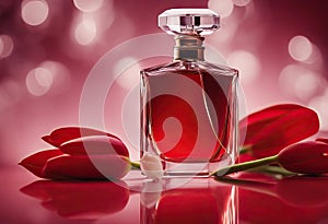 festivals events tulips perfume red background bottle