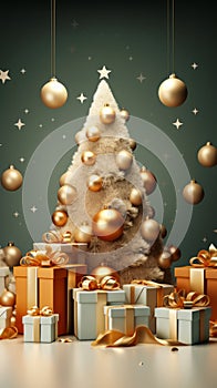 Festive 3D Rendered Christmas Background with Gift Boxes and Tree